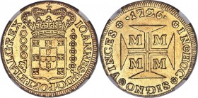 João V gold 20000 Reis 1726-M MS62 NGC, Minas Gerais mint, KM117, LMB-250. Struck somewhat left of center, though this magnificent offering wholly man...