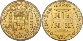 João V gold 20000 Reis 1726-M AU55 PCGS, Minas Gerais mint, KM117, LMB-250. A lightly circulated example of this massive gold type with no egregious f...