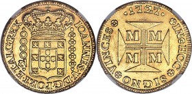 João V gold 20000 Reis 1727-M UNC Details (Reverse Scratched) NGC, Minas Gerais mint, KM117, LMB-251. A bright and well-rendered example which reveals...