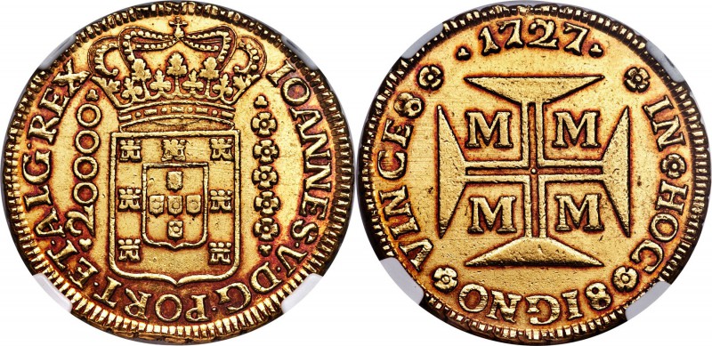 João V gold 20000 Reis 1727-M AU58 NGC, Minas Gerais mint, KM117, LMB-251. Profo...