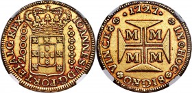 João V gold 20000 Reis 1727-M AU58 NGC, Minas Gerais mint, KM117, LMB-251. Profoundly alluring for this massive gold type with bold design elements, s...