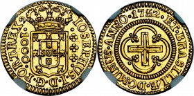 Jose I gold 1000 Reis 1752-(L) MS64 NGC, Lisbon mint, KM162.1, LMB-300. A lofty near-gem with glowing aurous luster and a needle-sharp strike. The pla...