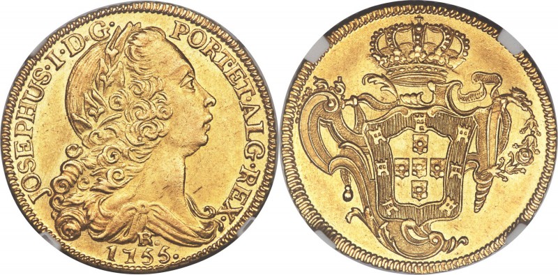 Jose I gold 6400 Reis 1755-R MS63 NGC, Rio de Janeiro mint, KM172.2, LMB-423. A ...