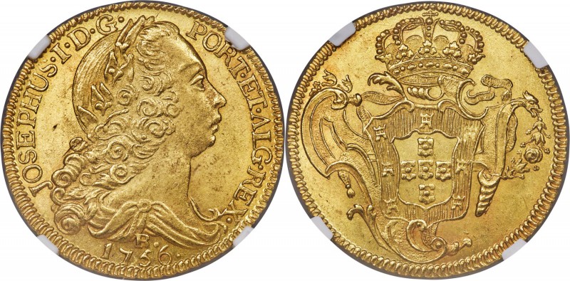 Jose I gold 6400 Reis 1756-R MS65 NGC, Rio de Janeiro mint, KM172.2, LMB-424, Go...