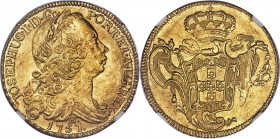 Jose I gold 6400 Reis 1757-R MS63 NGC, Rio de Janeiro mint, KM172.2, LMB-425. Soft golden surfaces and a strong strike yield unmistakably choice eye a...