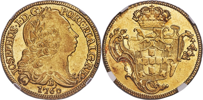 Jose I gold 6400 Reis 1760-B AU55 NGC, Bahia mint, KM172.1, LMB-406. A bold exam...