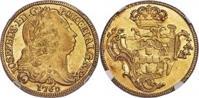 Jose I gold 6400 Reis 1760-B AU55 NGC, Bahia mint, KM172.1, LMB-406. A bold example with patinated golden surfaces, gentle evidence of wear across the...