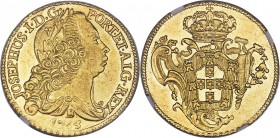 Jose I gold 6400 Reis 1763-B AU55 NGC, Bahia mint, KM172.1, LMB-408. Bold and lustrous, with only the date showing an insignificant degree of weakness...