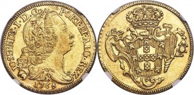 Jose I gold 6400 Reis 1765-B AU55 NGC, Bahia mint, KM172.1. Struck atop a slightly porous flan, with wear and handling associated with the given grade...