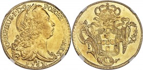 Jose I gold 6400 Reis 1767-R MS62 NGC, Rio de Janeiro mint, KM172.2, LMB-435. A wholly Mint State offering that shows a hint of striking weakness to t...