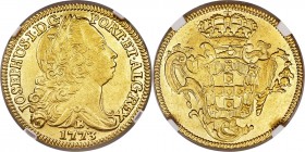 Jose I gold 6400 Reis 1773-B AU58 NGC, Bahia mint, KM172.1, LMB-403, Gomes-54.26. A bold representative with only the slightest effects of wear notice...