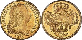 Jose I gold 6400 Reis 1776-B AU55 NGC, Bahia mint, KM172.1, LMB-406. Softly expressed in the fields, with areas of sharp mint luster visible near the ...