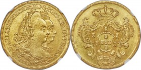 Maria I & Pedro III gold 6400 Reis 1778-R MS62 NGC, Rio de Janeiro mint, KM199.2, LMB-483a, Gomes-28.02. Slightly granular surfaces account for a port...