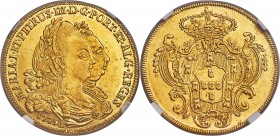 Maria I & Pedro III gold 6400 Reis 1779-B AU58 NGC, Bahia mint, KM199.1, Fr-77. A lustrous golden specimen with exceptionally little wear and handling...