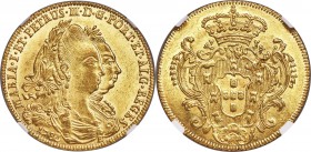 Maria I & Pedro III gold 6400 Reis 1783-B MS61 NGC, Bahia mint, KM199.1. Perhaps a bit conservative when it comes to the grade, with bright surfaces f...