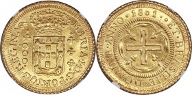 Maria I gold 4000 Reis 1801-B AU Details (Cleaned) NGC, Bahia mint, KM225.2, LMB-499. Struck on a slightly larger flan than average with a serrated ed...