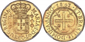 Maria I gold 4000 Reis 1803-B MS62 NGC, Bahia mint, KM225.2, LMB-501. Slightly weak at the denomination with reciprocal softness to reverse, otherwise...