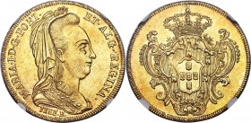 Maria I gold 6400 Reis 1787/6-R MS62+ NGC, Rio de Janeiro mint, KM218.1, LMB-524. Peppered with light contact marks, yet exhibiting no circulation wea...