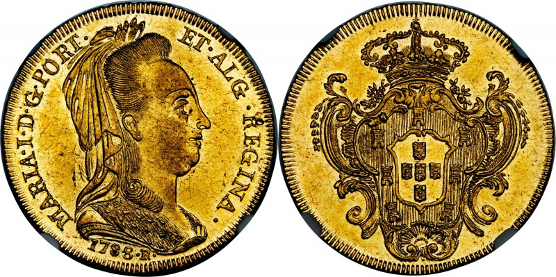 Maria I gold 6400 Reis 1788-R AU58 NGC, Rio de Janeiro mint, KM218.1, LMB-525. S...