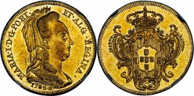 Maria I gold 6400 Reis 1788-R AU58 NGC, Rio de Janeiro mint, KM218.1, LMB-525. Scarcer type bearing the veiled bust of Maria, semi-Prooflike with abun...