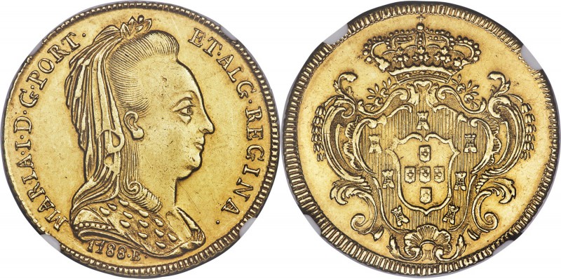 Maria I gold 6400 Reis 1788-B AU55 NGC, Bahia mint, KM218.2, LMB-505. Barely cir...