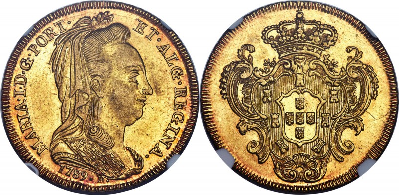 Maria I gold "Plain Headdress" 6400 Reis 1789-R AU58 NGC, Rio de Janeiro mint, K...