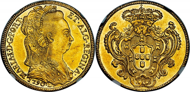 Maria I gold 6400 Reis 1790-B MS61 NGC, Bahia mint, KM226.2, LMB-508. Second yea...