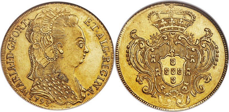 Maria I gold 6400 Reis 1793-B MS63 NGC, Bahia mint, KM226.2, LMB-511. Toned to a...