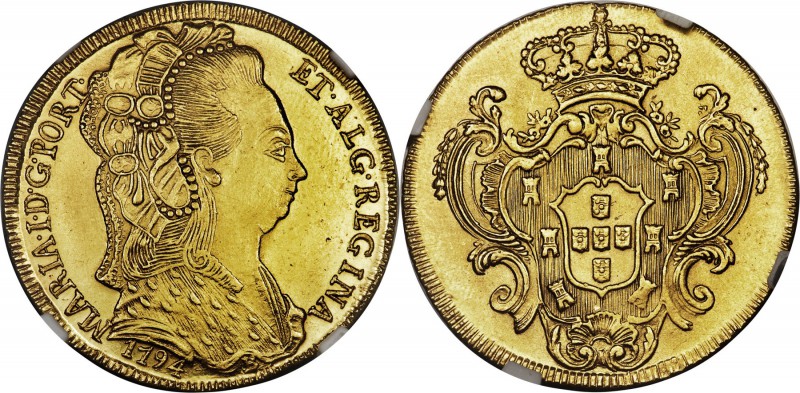 Maria I gold 6400 Reis 1794-B MS64 NGC, Bahia mint, KM226.2, LMB-512. Blazingly ...