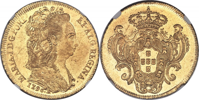 Maria I gold 6400 Reis 1796-R MS62 NGC, Rio de Janeiro mint, KM226.1, LMB-534. S...