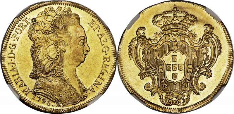 Maria I gold 6400 Reis 1796-R MS61+ NGC, Rio de Janeiro mint, KM226.1, LMB-534. ...