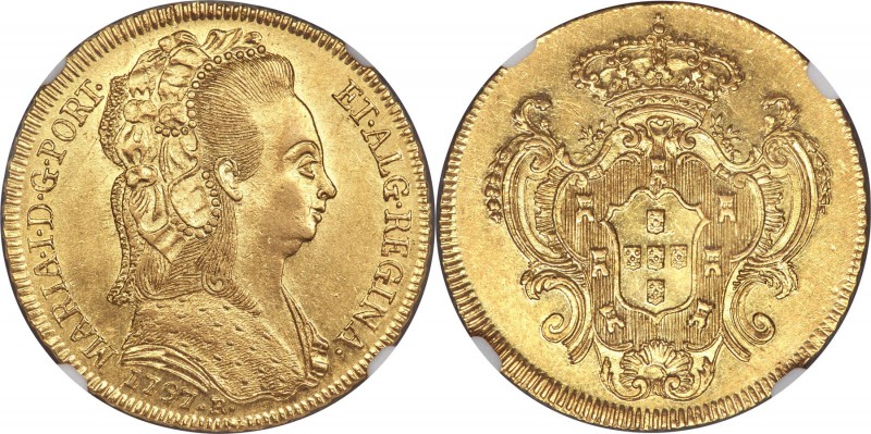 Maria I gold 6400 Reis 1797-R MS61 NGC, Rio de Janeiro mint, KM226.1, LMB-535. S...