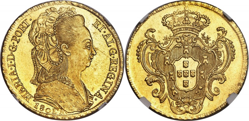 Maria I gold 6400 Reis 1801-R MS62 NGC, Rio de Janeiro mint, KM226.1, LMB-539. S...