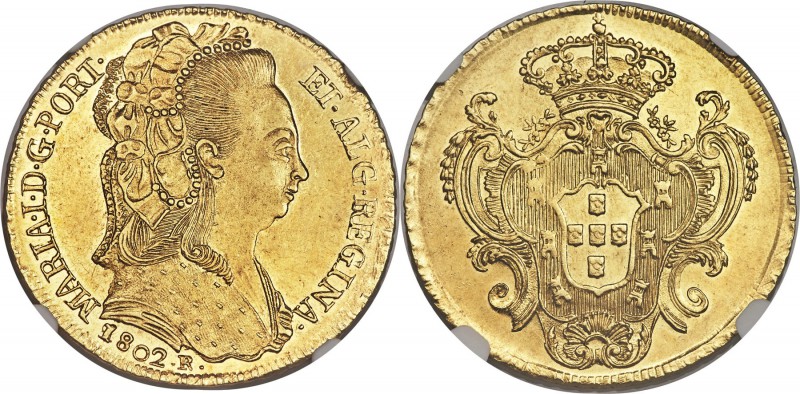 Maria I gold 6400 Reis 1802-R MS62 NGC, Rio de Janeiro mint, KM226.1, LMB-540. B...