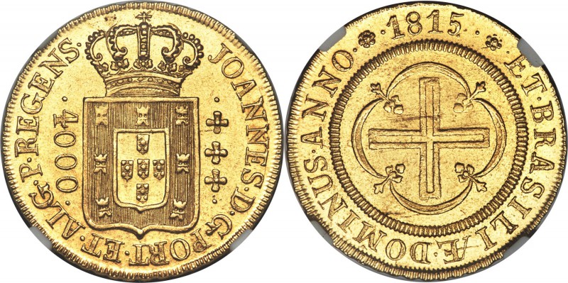 João Prince Regent gold 4000 Reis 1815/4-(R) MS64 NGC, Rio de Janeiro mint, KM23...