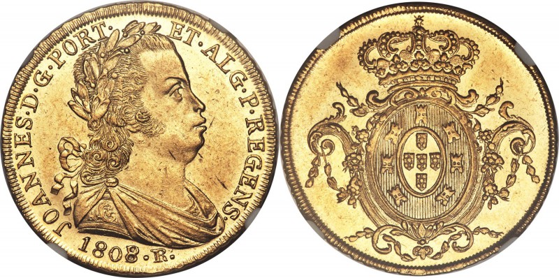 João Prince Regent gold 6400 Reis 1808/7-R MS62+ NGC, Rio de Janeiro mint, KM236...