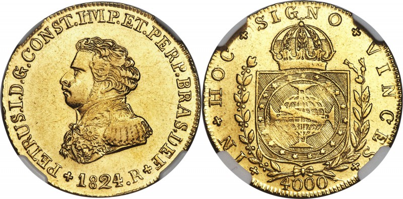 Pedro I gold 4000 Reis 1824-R AU55 NGC, Rio de Janeiro mint, KM369.1, LMB-594. A...