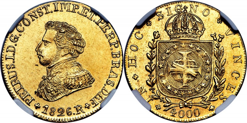 Pedro I gold 4000 Reis 1826-R MS61 NGC, Rio de Janeiro mint, KM369.1, LMB-596. C...