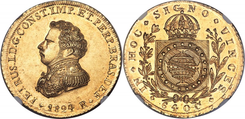 Pedro I gold 6400 Reis 1824-R MS62 NGC, Rio de Janeiro mint, KM370.1, LMB-599. T...