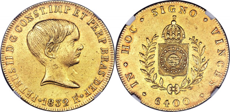 Pedro II gold 6400 Reis 1832-R AU55 NGC, Rio de Janeiro mint, KM387.2, LMB-613A....