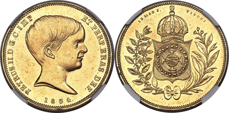 Pedro II gold 10000 Reis 1834 UNC Details (Cleaned) NGC, KM451, LMB-616. Hairlin...