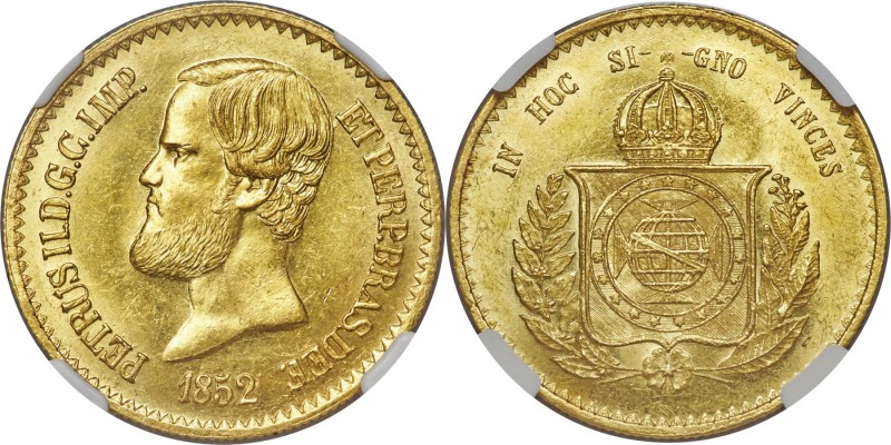 Pedro II gold 20000 Reis 1852 MS64 NGC, Rio de Janeiro mint, KM463, LMB-636. A r...