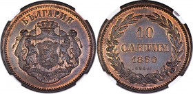 Alexander I copper Essai 10 Santim 1880-OM MS65 Brown NGC, KM-E1. A decidedly scarce pattern issue struck by Oeschger Mesdach & Co. with a reported mi...