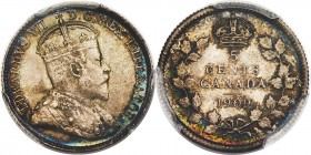 Edward VII 5 Cents 1909 MS64 PCGS, Ottawa mint, KM13. Round Leaves Bow Tie variety. A satiny near-gem example of this scarce variety exhibiting azure ...