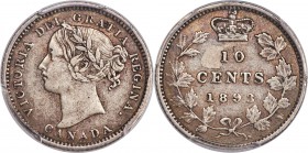 Victoria "Round Top 3" 10 Cents 1893 XF45 PCGS, London mint, KM3. The decidedly scarce variety of the 1893-dated issue featuring a "round top" 3 at th...
