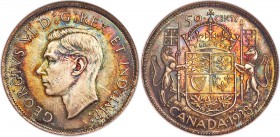 George VI 50 Cents 1938 MS65 NGC, Royal Canadian mint, KM36. A stunningly toned example of this conditional rarity, flush with pastel hues of maroon a...