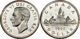 George VI Dollar 1948 MS63 ICCS,  Royal Canadian mint, KM46. A scarce key date example within the George VI series, this offering exhibits a hint of f...