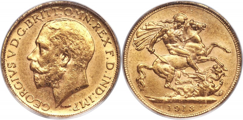 George V gold Sovereign 1913-C AU58 PCGS, Ottawa mint, KM20, S-3997. From a mint...