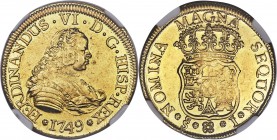 Ferdinand VI gold 4 Escudos 1749 So-J MS61 NGC, Santiago mint, KM2. Incredibly luminous, with strong central detailing on both sides and bold luster a...