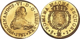 Ferdinand VI gold 8 Escudos 1751 So-J MS64 NGC, Santiago mint, KM3, Fr-5. With a nearly prooflike sheen that covers the fields and frosted central des...